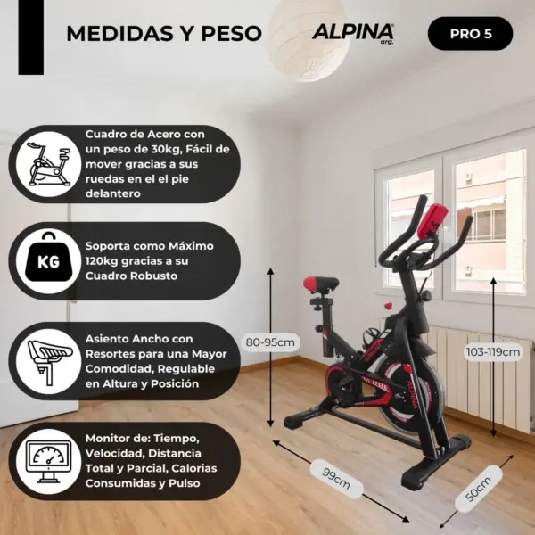 Bicicleta Fija Alpina 5 Profesional Spinning 13 Kg Monoshock - Image 4
