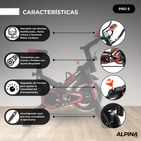 Bicicleta Fija Alpina 5 Profesional Spinning 13 Kg Monoshock - Image 3